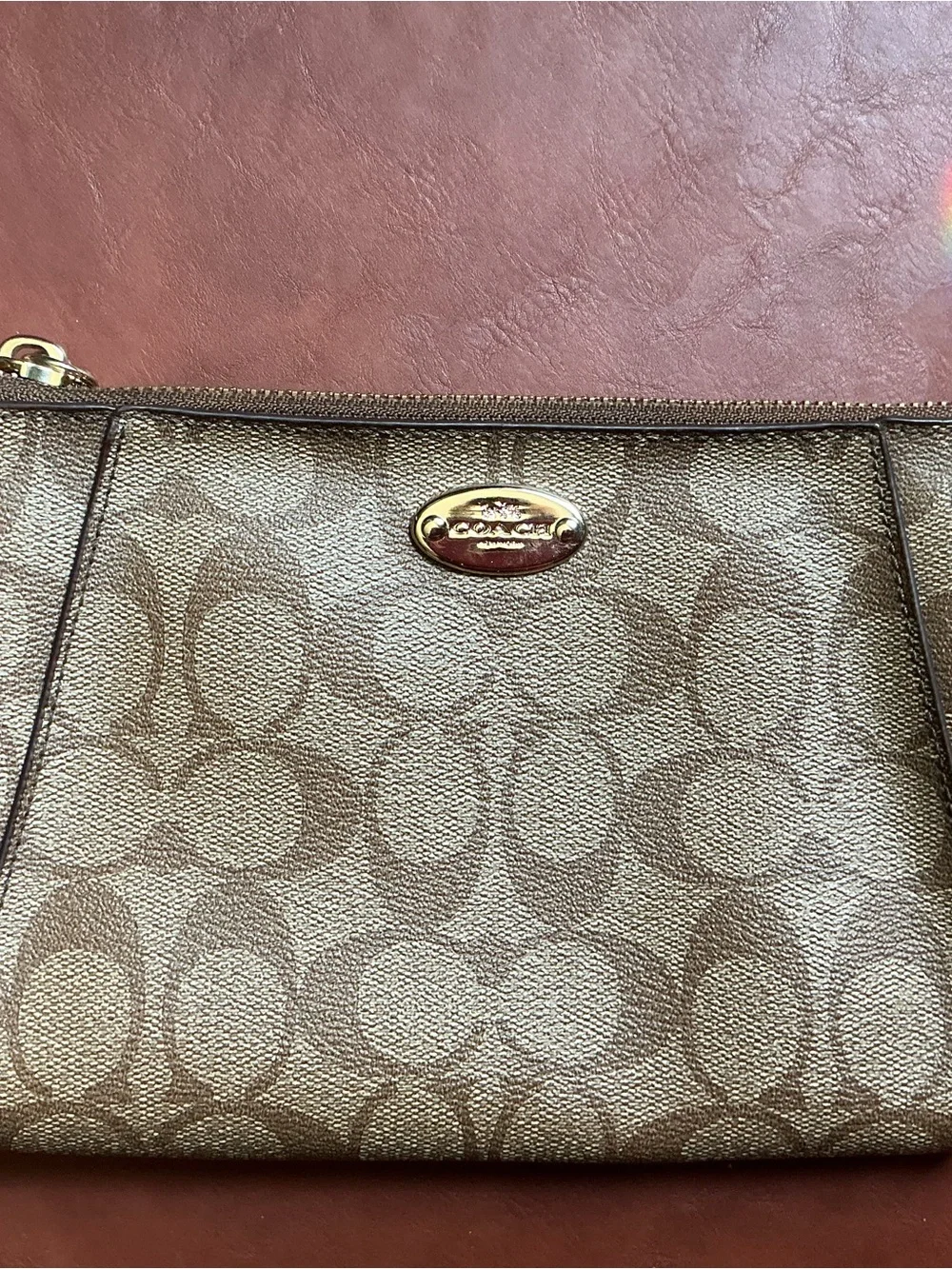 Coach Signature PVC Wristlet Khaki Brown Canvas Tan Leather EUC